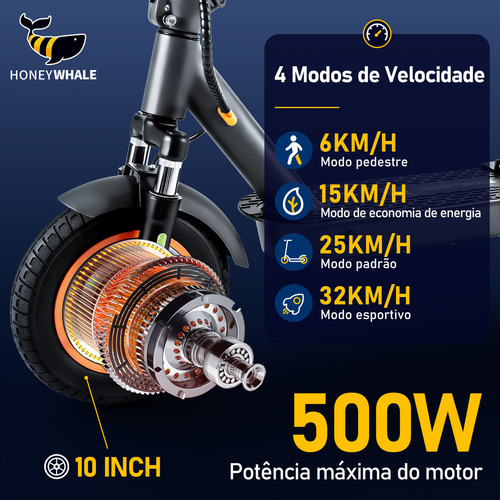 Honeywhale M2 Max-b Patinete Eletrico Adulto, Scooter Eletrica Com Motor De 500w, 32 Km De Autonomia, Velocidade Máxima De 32 Km/h, Honey Whale Patinete Elétrico Dobrável Com Bluetooth