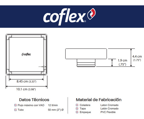 Coflex Coladera Cuadrada Con Inserto Cerámico Y Valvula Antiolores Latón Pc-323