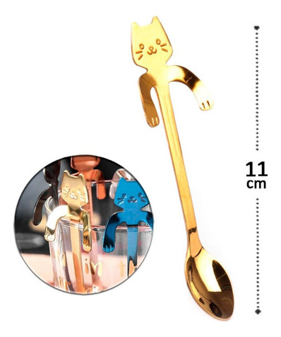 Kit de 8 cucharas de café con forma de gato, acero inoxidable, mango de gato dorado