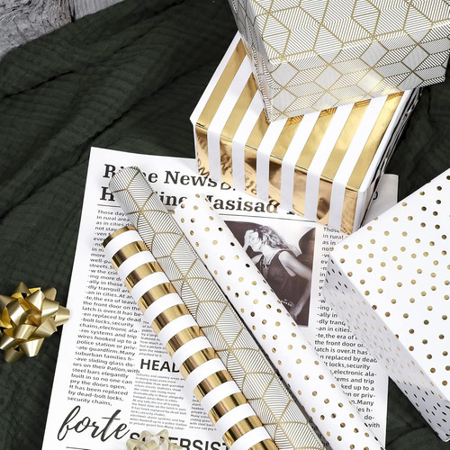 Papel Para Regalo 3 Rollos Diseño En Color Dorado Regalo