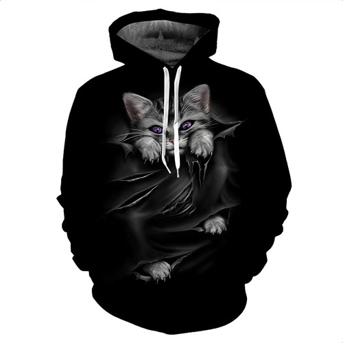 Sudadera Con Capucha Estampada En 3d De Gato Blanco Y Negro