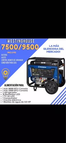 Westinghouse - Generador portátil para exterior WGen7500, con arranque  eléctrico remoto, 7500W nominales, 9500W de potencia máxima, a combustible
