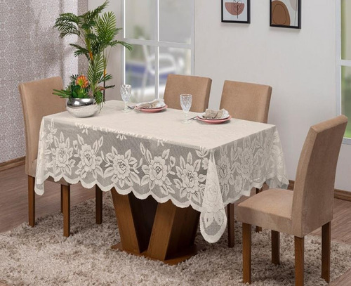 Toalha De Renda Para Mesa 6 Lugares Retangular 2,30m X 1,50m Cor Palha Renda Decorada