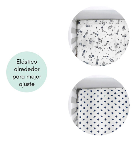 Set De 2 Sábanas De Cajón Para Colecho/corral (74x110) Azul Marino Cohetes/estrellas