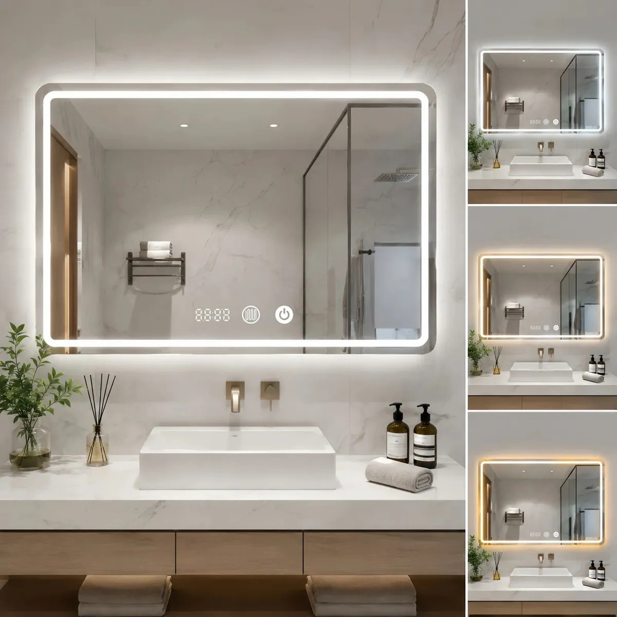 Espelho Retangular de Parede LED Touch 80x60cm, 3 Cores de Luz, Antiembaçante com Relógio, Espelho Grande Decorativo para Banheiro, Decoração Minimalista e Luminosa, Design Elegância