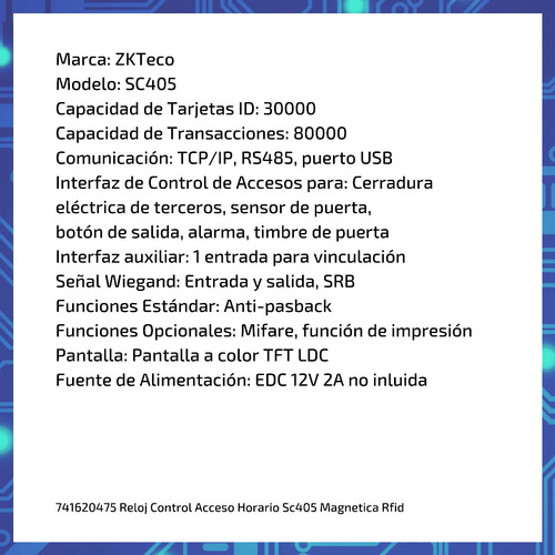 Imagen 2 de 9 de Reloj Control Acceso Horario Sc405 Magnetica Rfid