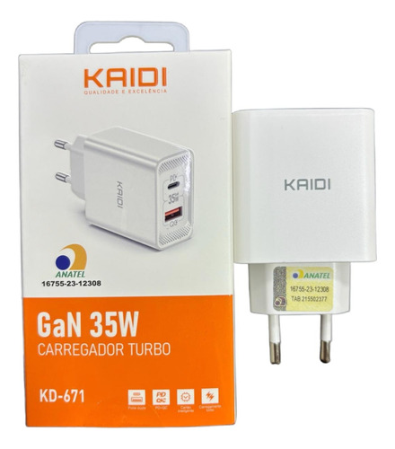 Fonte Carregador Celular Kaidi Turbo 35w Saída Usb-c + Usb