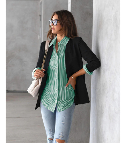 Camisa De Manga Larga Informal Holgada Con Top A Rayas Mujer