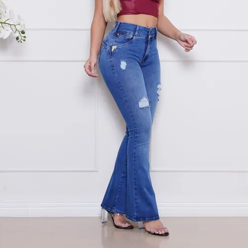 Calça Jeans Flare Feminina Ri19 Cintura Alta Levanta Bumbum