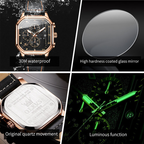 Reloj Olevs Luminous Square Con Calendario Cronógrafo