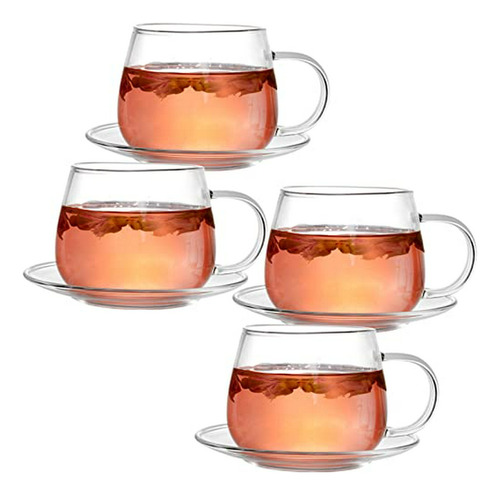 Juego De 4 Tazas Y Platillos De Vidrio  11oz Para Café, Té Y