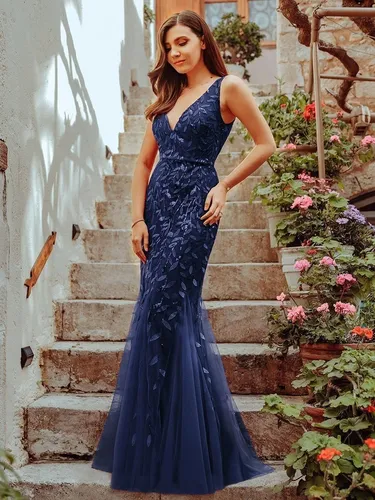 Vestido Largo Fiesta Azul Marino Navy Sirena Lentejuela Eleg