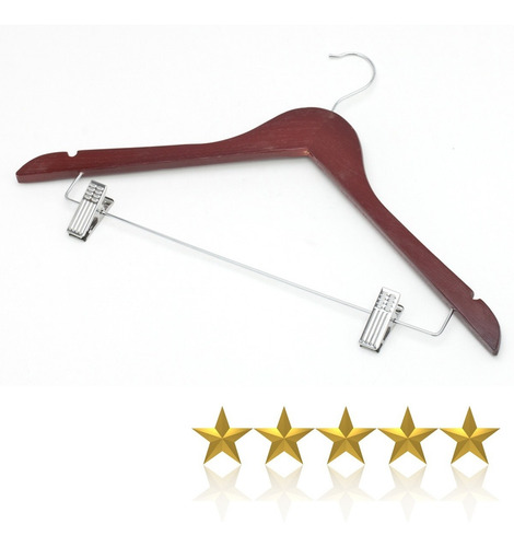 Imagen 6 de 10 de Pack De 50 Perchas Shoppy Por Mayor Percha 44 Cm Madera Lustrada Color Caoba Con Broche Gancho Para Pantalon Pollera