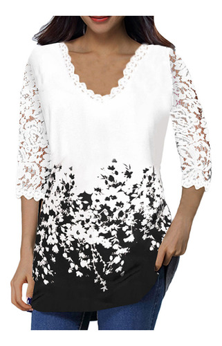 Camiseta De Encaje Con Cuello En V Para Mujer, Blusa Floral,
