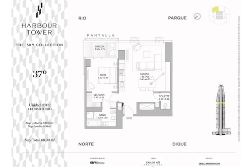 2 Ambientes Con Balcon Piso 37 Con Vista Al Río - Harbour Tower - Puerto Madero