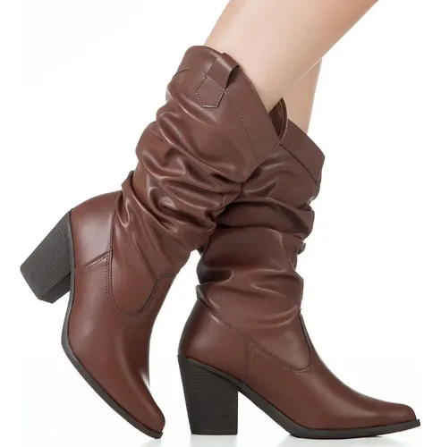 Bota  Feminina Slouch Western Enrugado Bico Fino Country