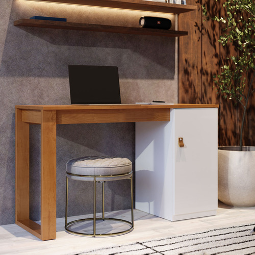 Mesa Escrivaninha Paris Com Gaveteiro Para Pc E Computador Cor Canela Branco