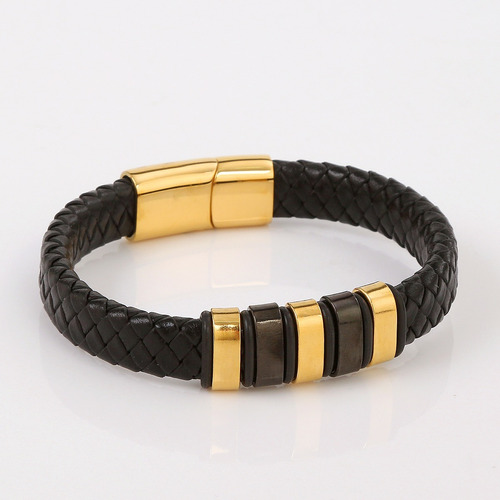 Brazalete Unisex En Cuerina Con Broche De Acero Dorado