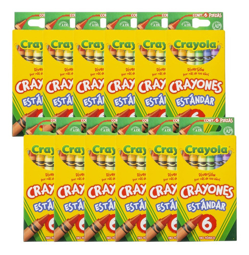 12 Cajas 6 Crayones C/u Estandar Delgados Crayola Redondos Color Varios