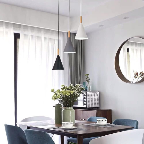 Lampara Colgante Kivs Cone Black White Grey Triple Color Con Luz E27 Para Techo Base Circular Altura Ajustable (p86)