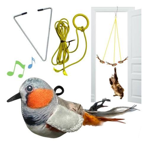 Caroline's Cats Plush chirpingbird101 Cat Toy On Elastic String Gris