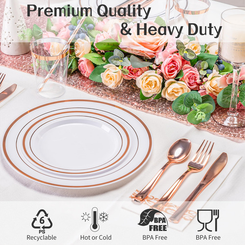 Juego De Vajilla Desechable Isfangco Rose Gold 200 Piezas