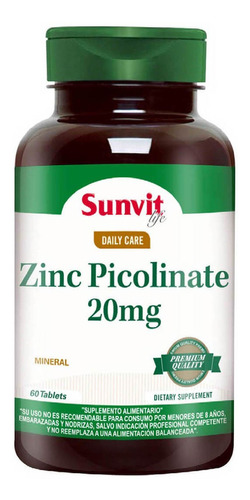 Zinc Picolinate 20 Mg - Sunvit Life (60 Tab) Sabor Sin Sabor