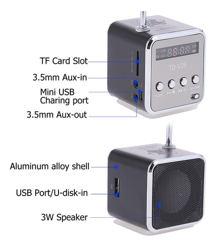 Alto-falante Portátil De Rádio Fm Digital Td-v26 Mini Fm Rad