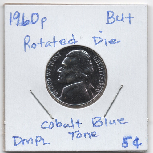 1960 Moneda Jefferson Niquel Error Azul Cobalto 5c Cent A.e.