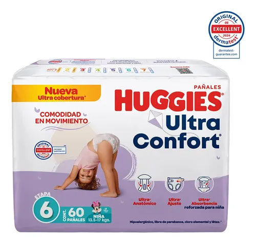 Pañales Huggies UltraConfort · etapa 6 niña (60 pz)