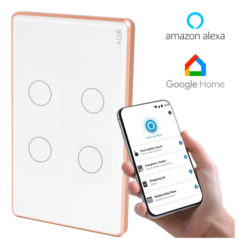Interruptor Luz Inteligente Wifi Táctil 4 Apagador Adir 9925