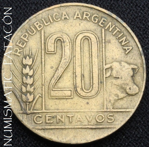 Moneda Argentina 20 Centavos 1945 - Torito Cuño Rajado (Usado)