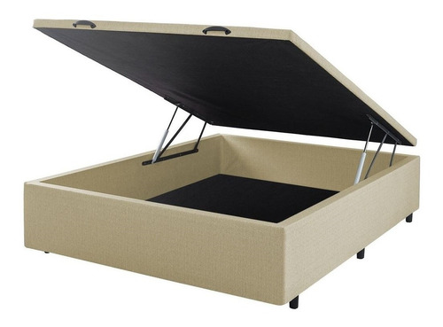 Cama Box Baul 2 Plazas Madera Gran Tamaño Tela De Lino Beige