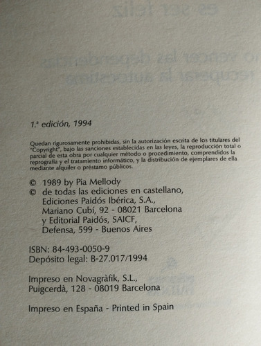 Sentirse Libre Es Ser Feliz Pia Mellody Libro P (Usado)
