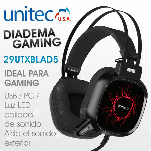 Imagen 2 de 6 de Diadema Gamer Unitec Con Micrófono / Luz Led / Usb / 3.5mm