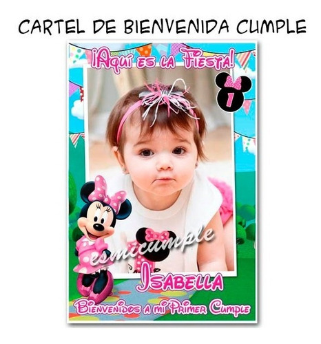 Cartel De Bienvenida Cumpleaños Minnie Rosa Con Tu Foto