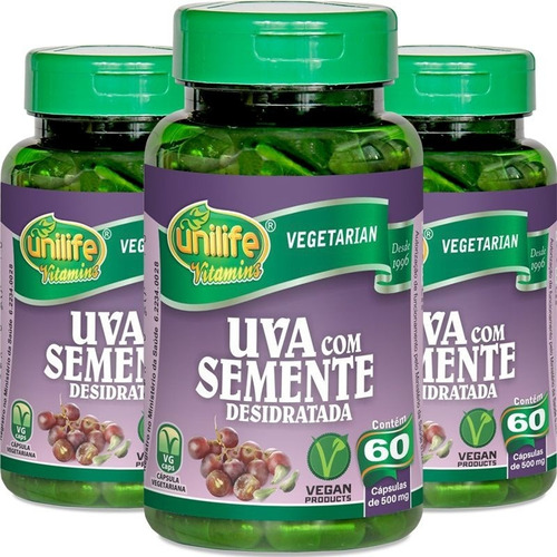 Kit 3 Resveratrol Uva Desidratada Unilife 60 Cápsulas Sabor Sem Sabor