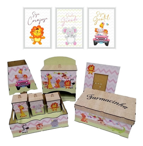 Kit Higiene Bebe Menina Safari Decoração Com Trio De Quadros