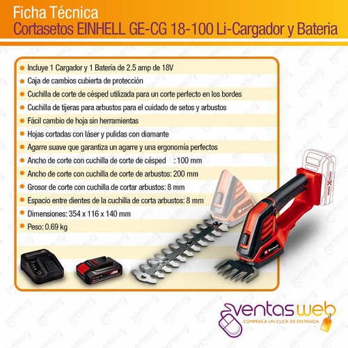 Imagen 8 de 9 de Tijera De Podar Cortacerco Inalambrico Einhell Carg Bateria