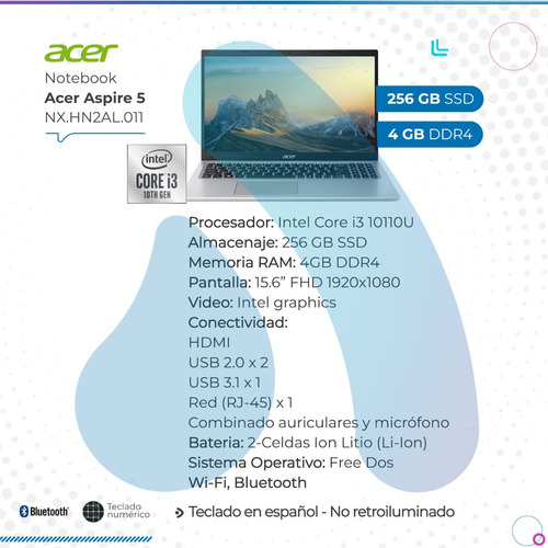 Imagen 2 de 10 de Notebook Acer Aspire 5 I3 4gb 256gb Freedos Nx.hn2al.011