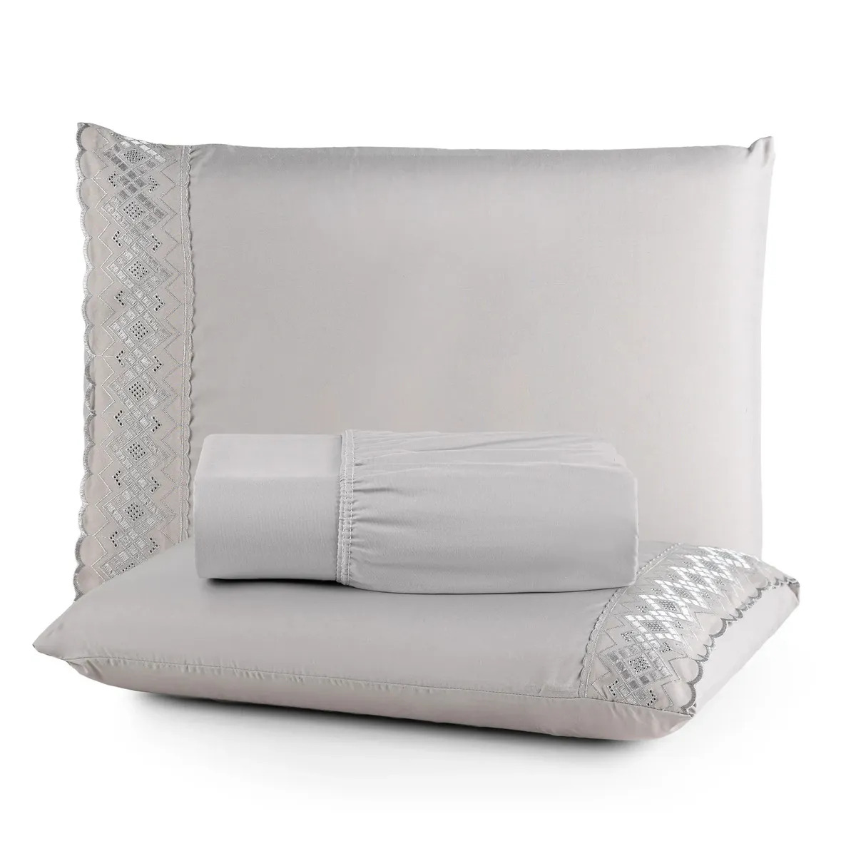 Jogo Lençol Queen Cinza Bordado 3 Peças 400 Fios Lese Toque Macio Estilo Hotel Cama Luxo Com Elástico Conforto Premium