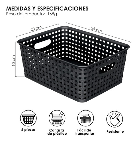 Set 6 Cajas Canastas Organizadoras Plástico Decorativas Negro