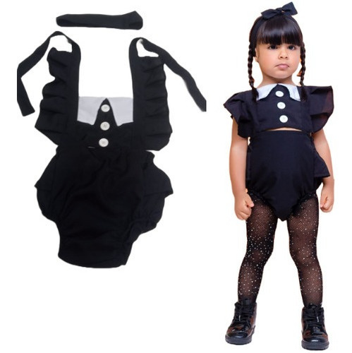 Romper Body Fantasia Wandinha Roupa Carnaval Halloween