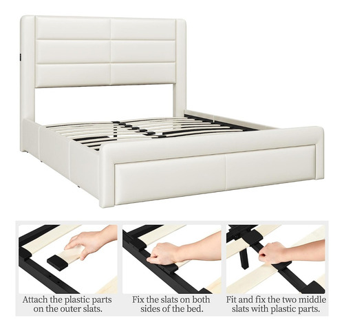 Base Cama Matrimonial Moderno C/ Cabecera Hogar Usb Crema