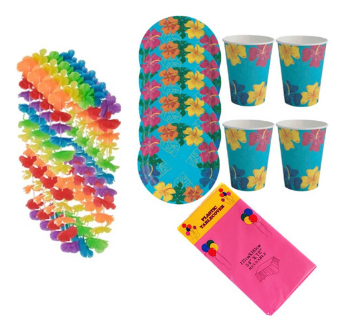 Lindo Kit Fiesta Hawaiano Plato Vaso Mantel Collares