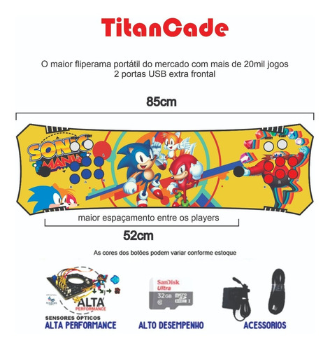 Imagem 1 de 3 de Fliperama Portátil Titan Cade 85cm, Sensor - Sonic Mania