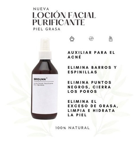 Loción Limpieza Facial Anti Acné, Tónico Astringente Anti Grasa, Cierra Poros Y Elimina Puntos Negros. Ingredientes Naturales S/alcohol Bridunn