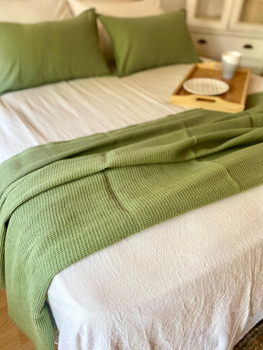 Manta Waffle 100x260 Cm Pie De Cama Manta De Sillón Color Verde Seco