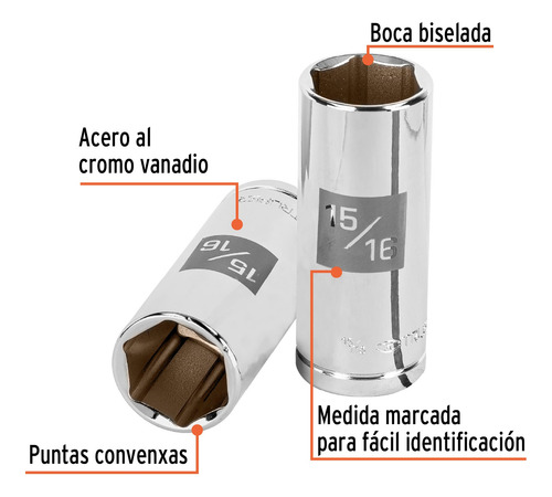 Dado Largo De 15/16, 6 Puntas, Cuadro 1/2, Truper. 13332
