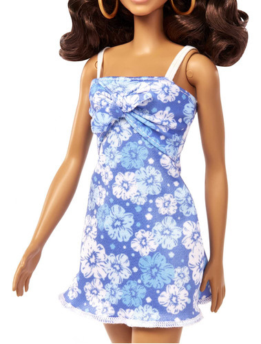 Barbie adora a boneca do oceano, morena de vestido azul e acce